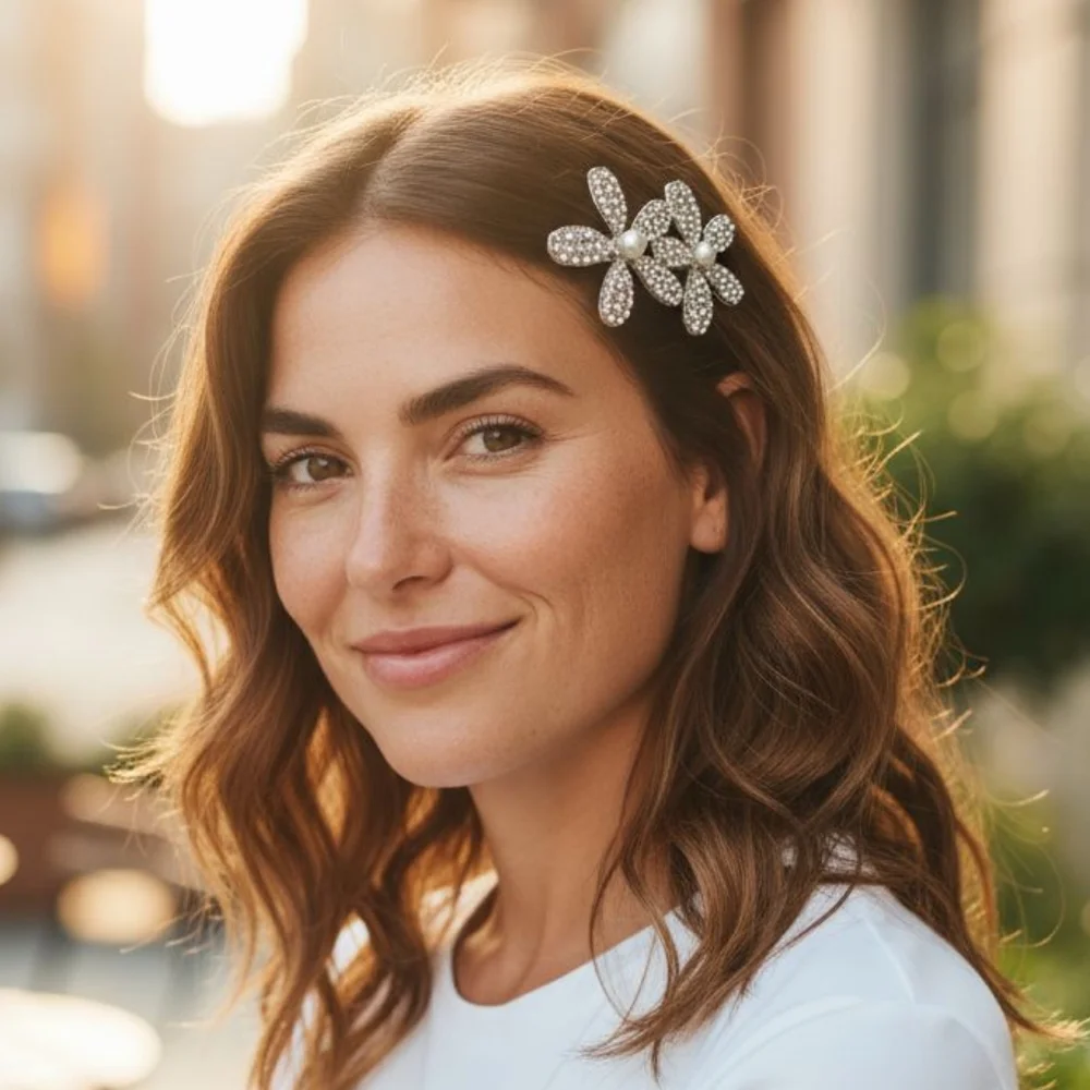 Rhinestone Double‎ Flower Hair Clip- Available In Gold or Silver